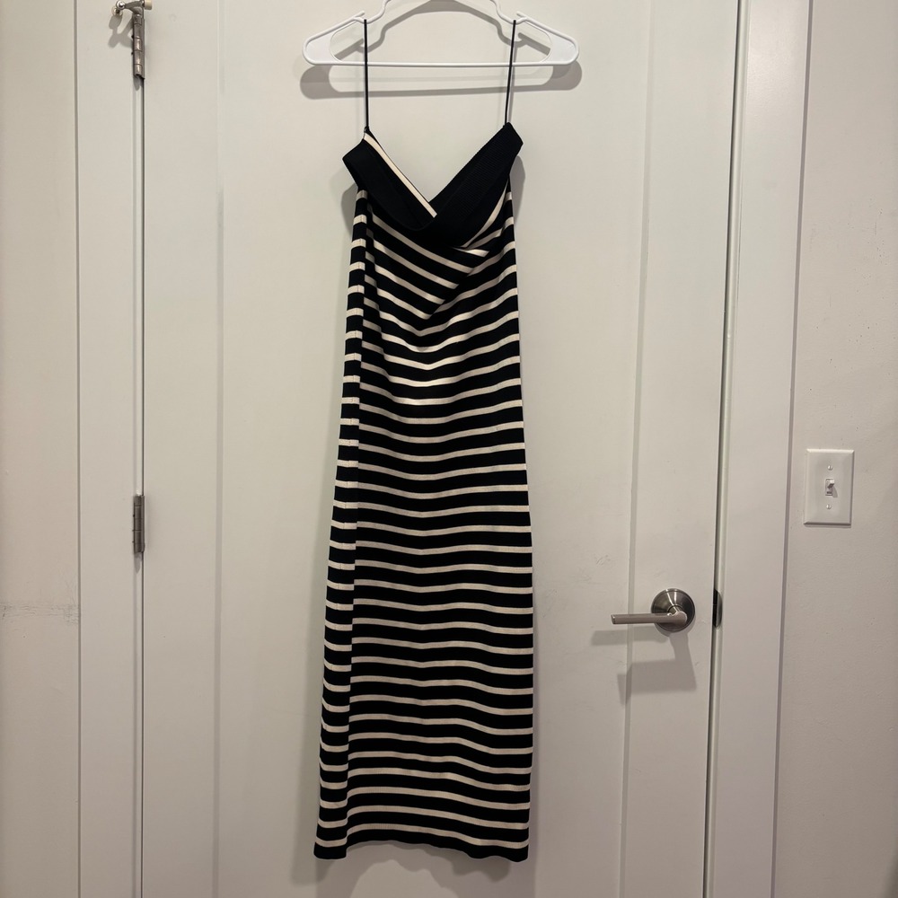 J.Crew Striped Ribbed Knit Midi Dress Black Ivory Spaghetti Strap Large